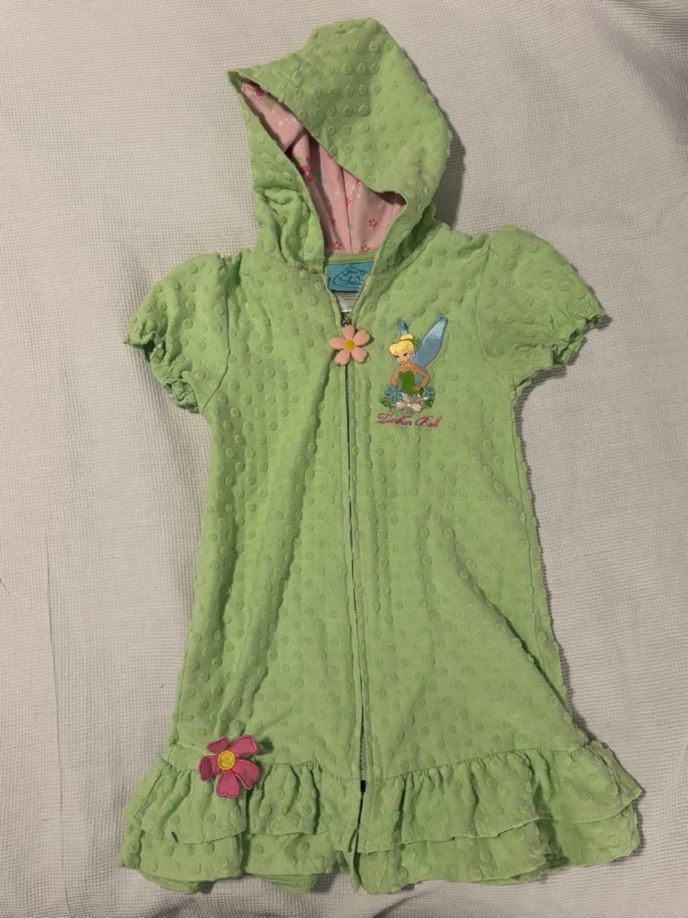 Vintage Y2k Disney Fairies Tinker Bell Terry Hooded Zip-up Swim Cover Up Dress
